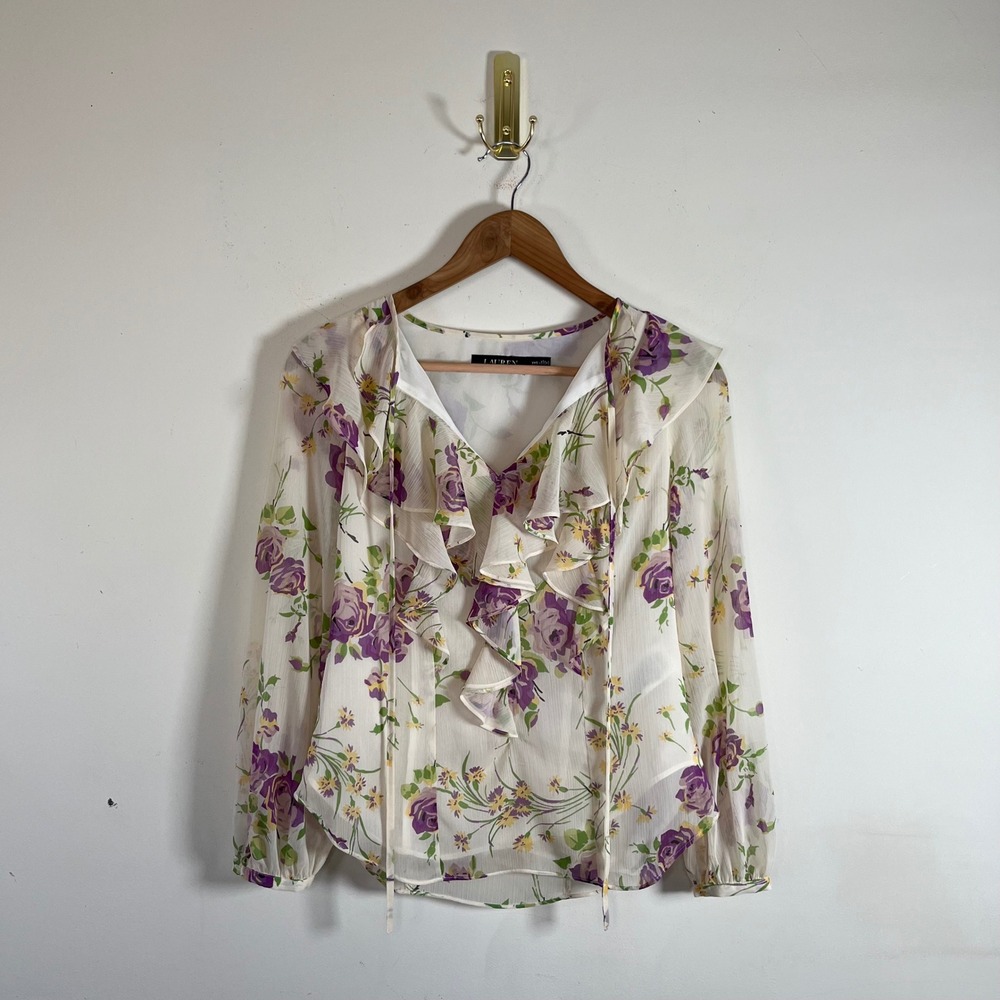 Lauren Ralph Lauren Floral Print Ruffled Blouse Womens XXS Cottagecore Feminine